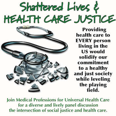 A shattered stethoscope paired with the title Shattered Lives & Health Care Justice