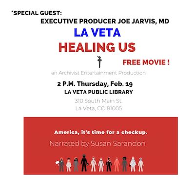 A bunch of people stand in a row with the words America, it's time for a checkup on the logo. 